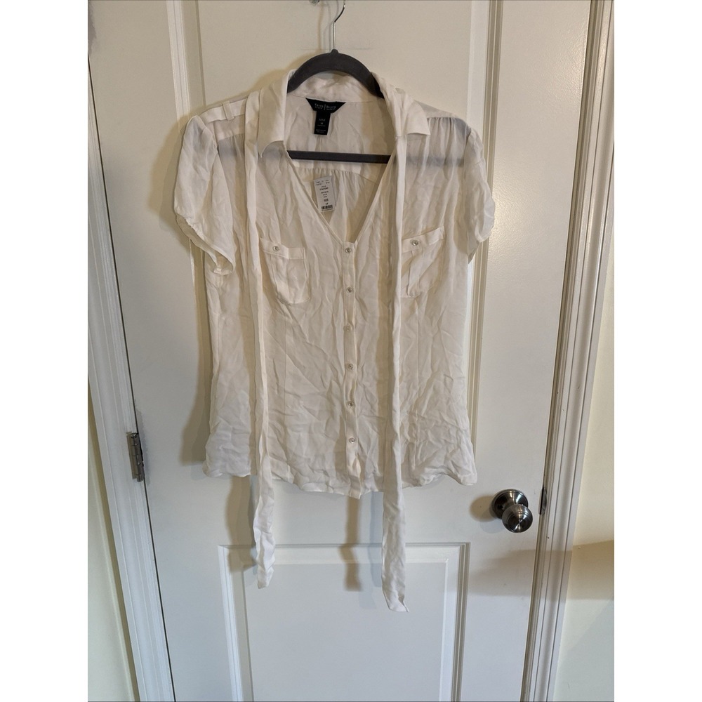 White House Black Market Silk Stretch Button Up Shirt Blouse Ivory Size 14 NWT